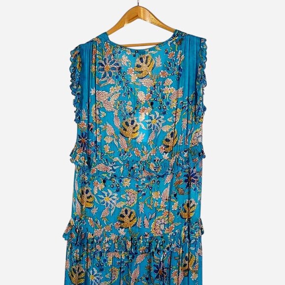 NWT MSRP $498 Hemant & Nandita Turquoise Floral Ruffle‎ Maxi Dress | Size XS - Picture 5 of 12